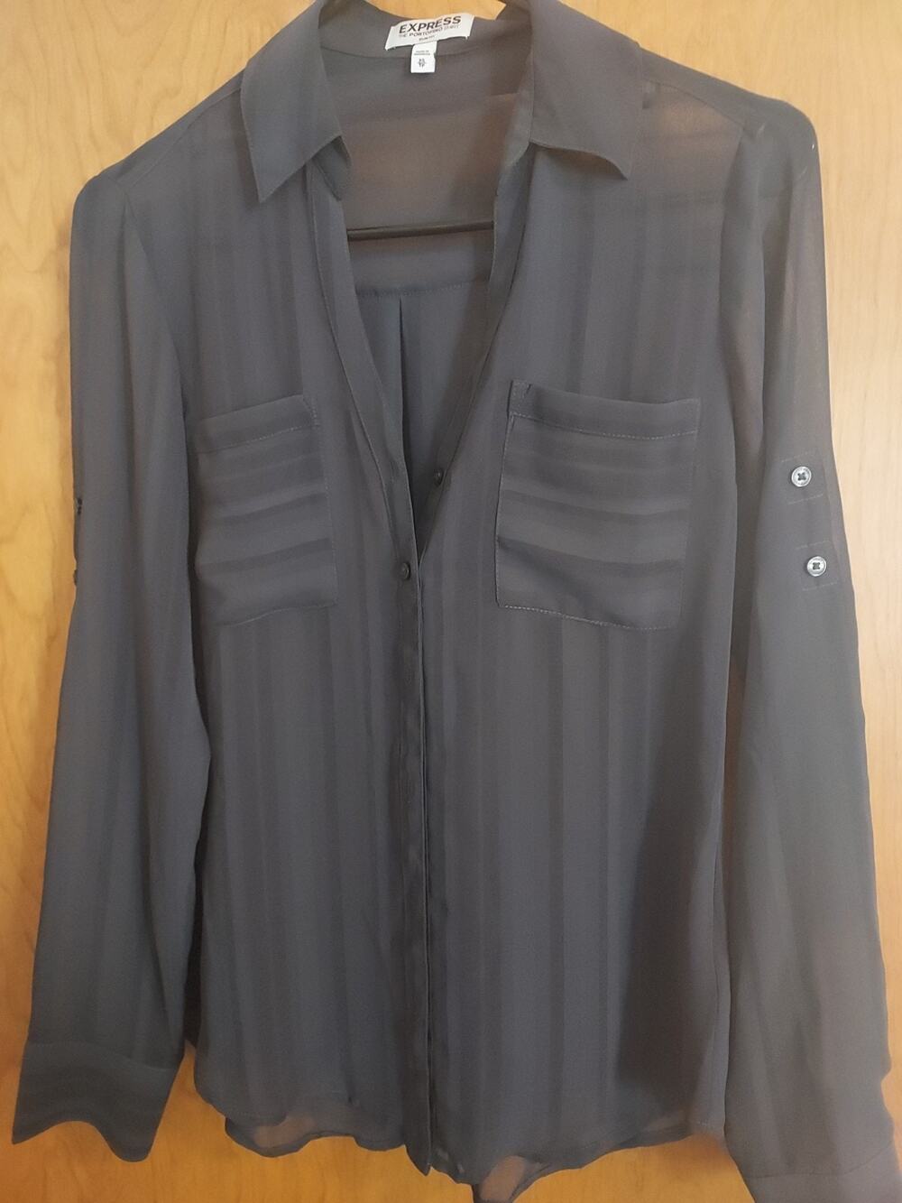 Express blouse size XS Portofino shirt Slim Fit Tab Sleeves sheer dark gray wmns